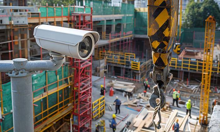 Bullet security camera on a construction site with cranes and scaffolding