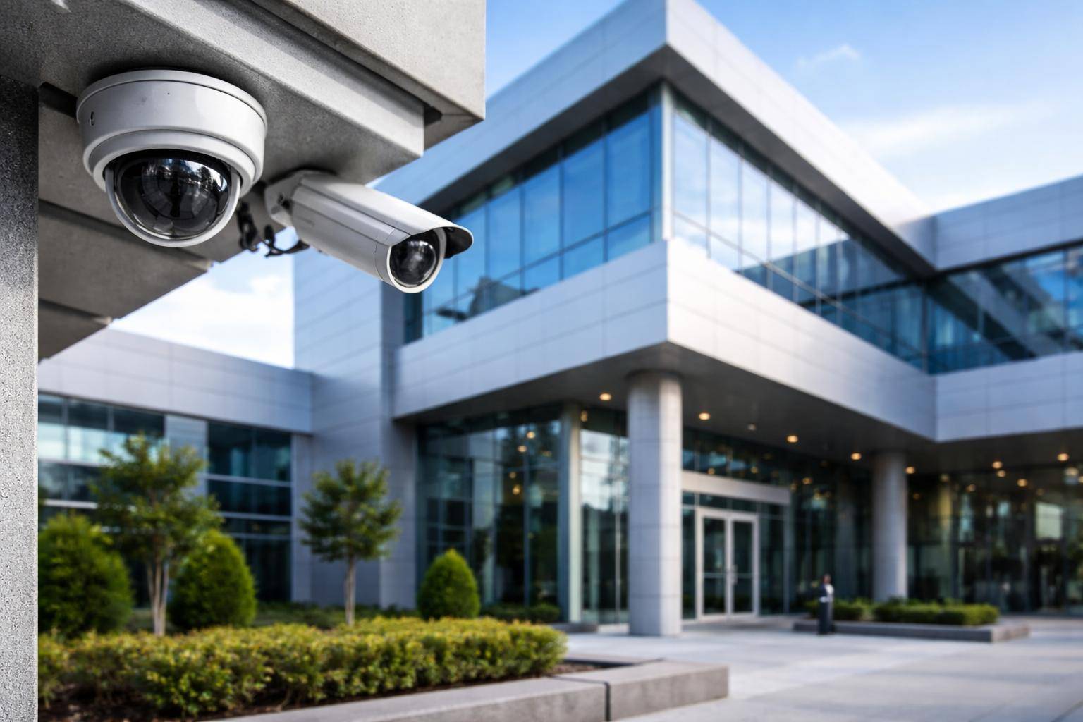 Commercial security cameras installed on a modern office building