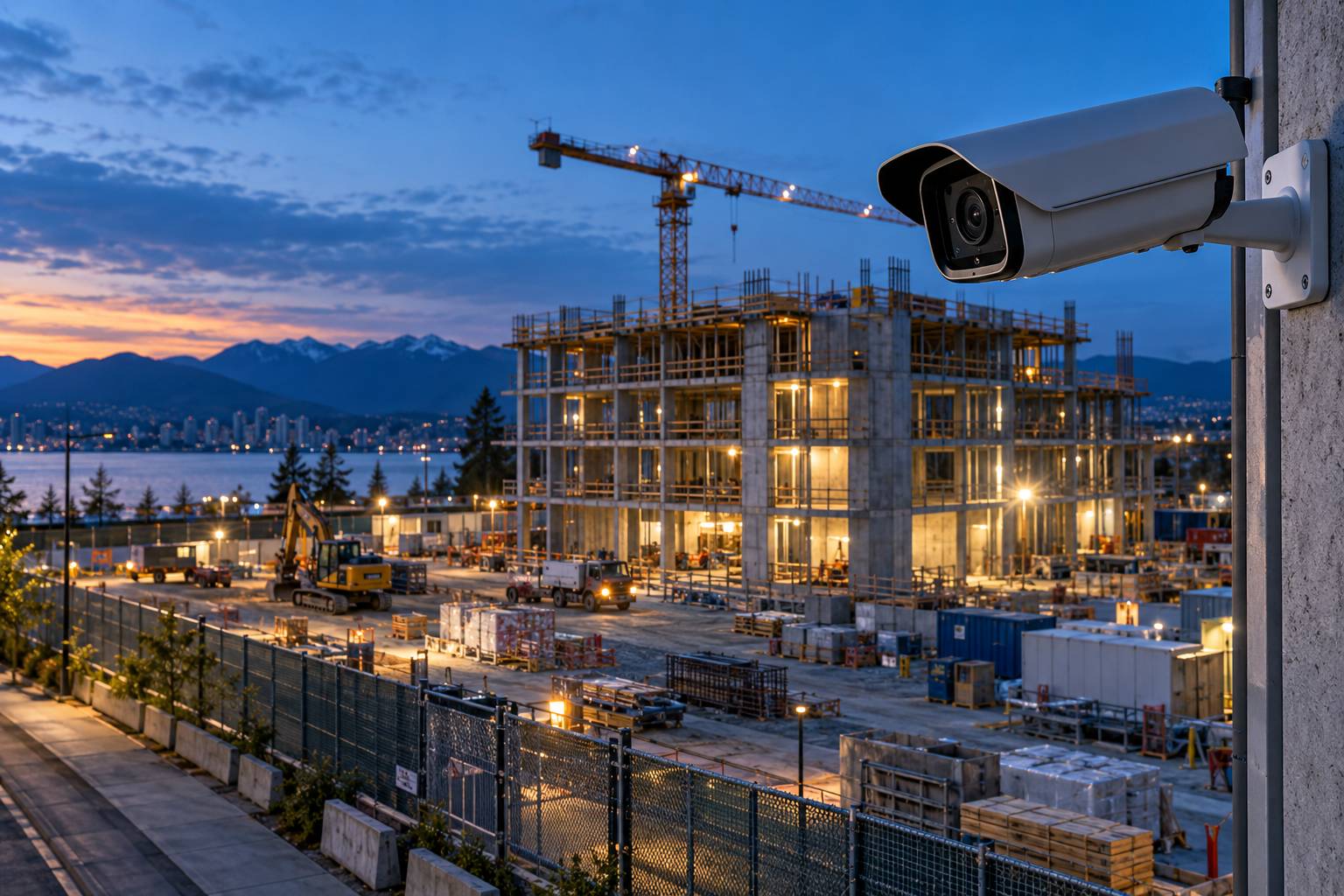 Security camera overlooking an illuminated construction site at dusk in Metro Vancouver
