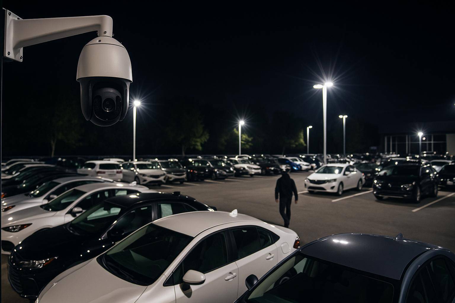 PTZ security camera monitoring a car dealership lot after hours