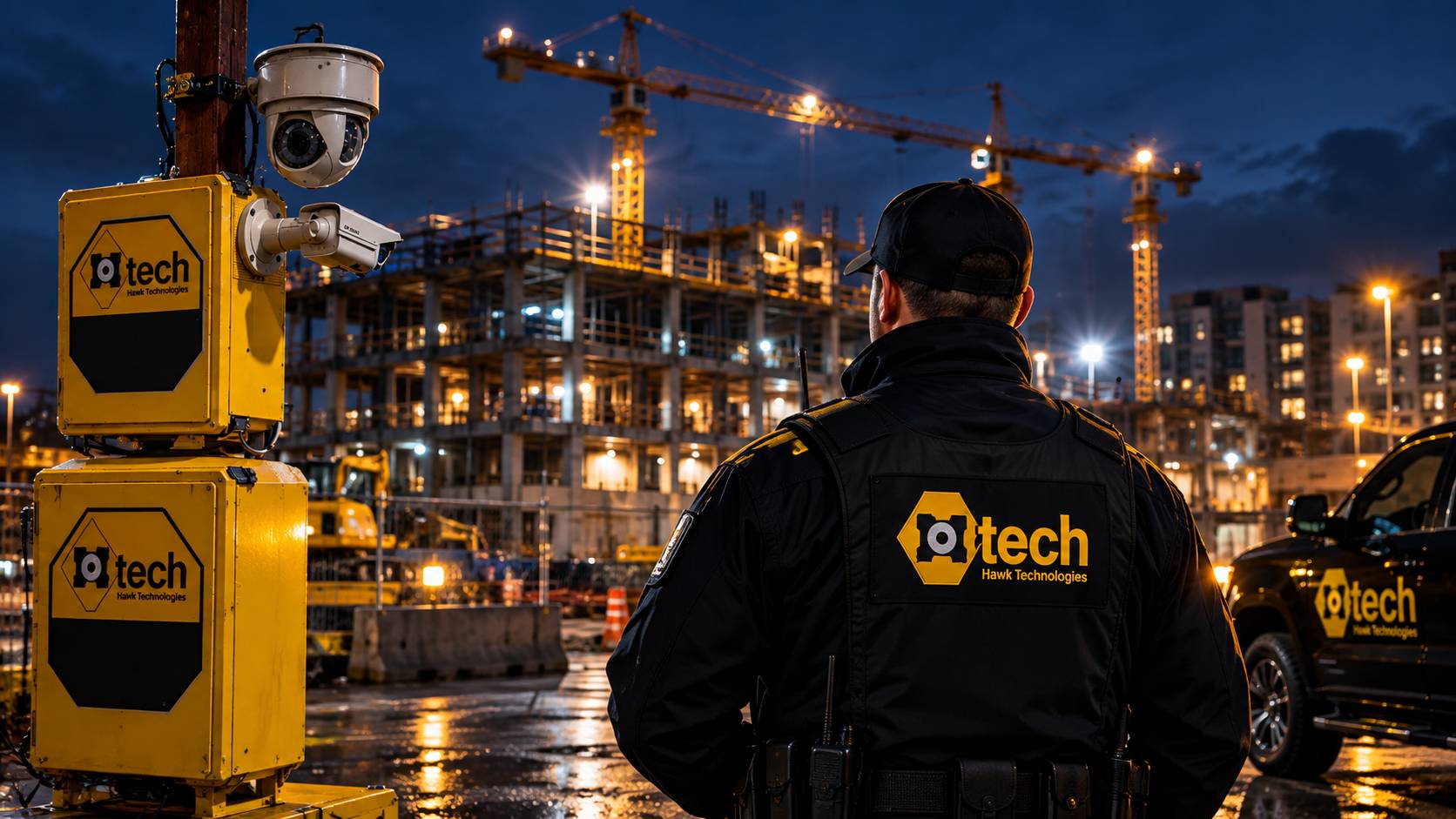 A worker in a Hawk Technologies jacket beside camera equipment at a construction site at night