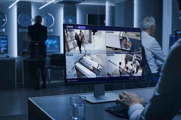 Security operators monitoring live commercial CCTV feeds in a surveillance operations centre