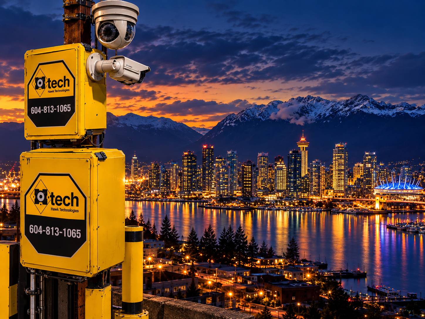 Hawk Technologies surveillance equipment with the Vancouver skyline at night